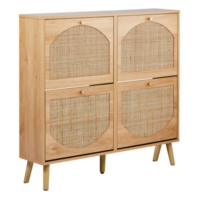 2 Rows Of 4 Dump Buckets With High Feet Arched Rattan Surface Shoe Cabinet Density Board With Triamine 105x24x98cm Original Wood Color