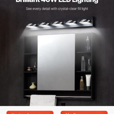 5-Light LED Modern Vanity Light Fixtures, 33.46-Inch, Black Finish Bathroom Wall Lighting Fixture Over Mirror, With IP44 Waterproof, For Bathroom, Living Room, Bedroom, Hallway, Cool White 6000K