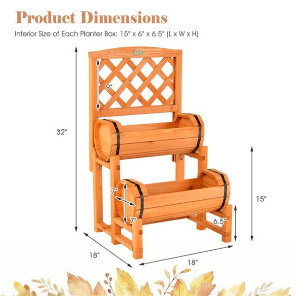 2-Tier Solid Fir Wood Raised Garden Bed With Trellis Cylindrical Planter Box For Climbing Plants