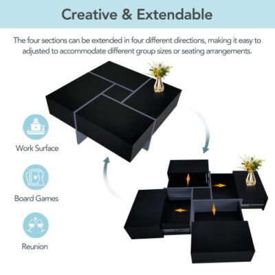 Unique Design Coffee Table With 4 Hidden Storage Compartments, Square Cocktail Table With Extendable Sliding Tabletop, UV High-gloss Design Center Table For Living Room