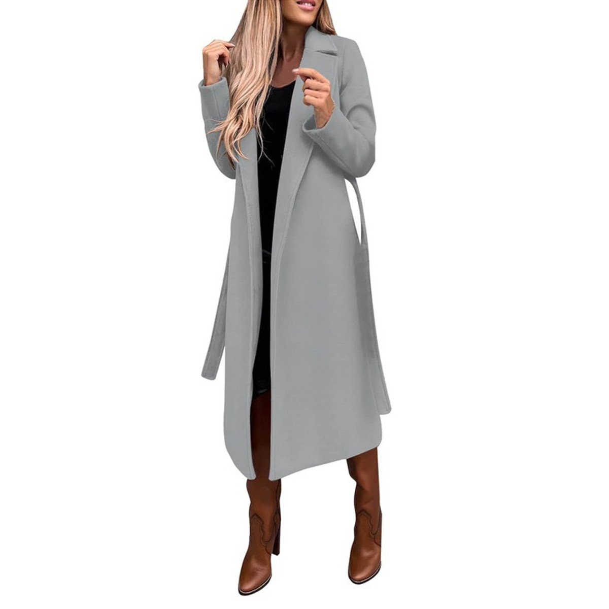 Woolen Coat Simple Fashion V-neck Lace Up Long Coat For Women - Image 3