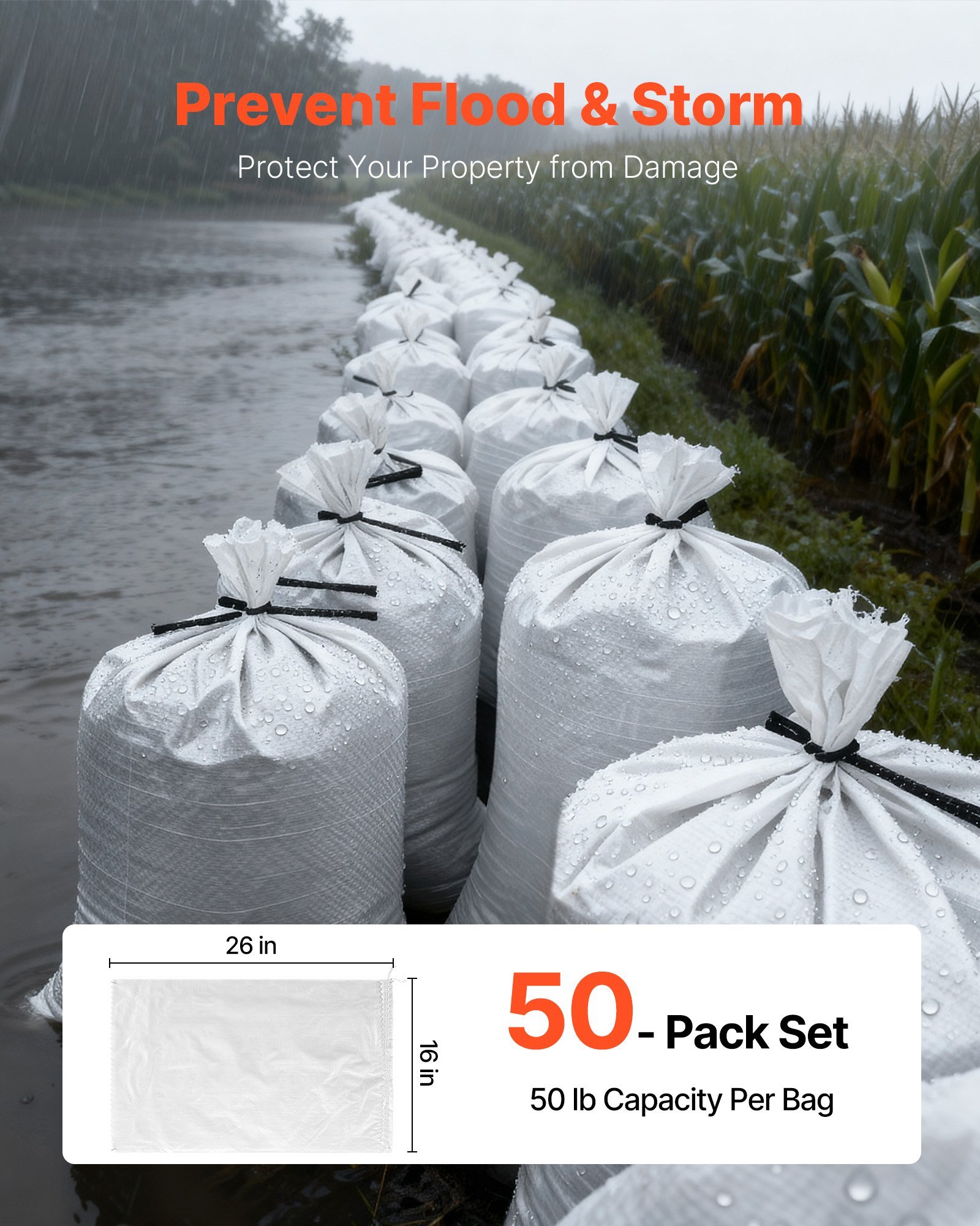 Heavy Duty Sand Bags, 50Pack 14" X 26", Empty Sandbags For Flooding With Tie Strings, Woven Polypropylene Sand Bag With 1600 Hours Of UV Protection, 50Lbs Capacity - Image 2