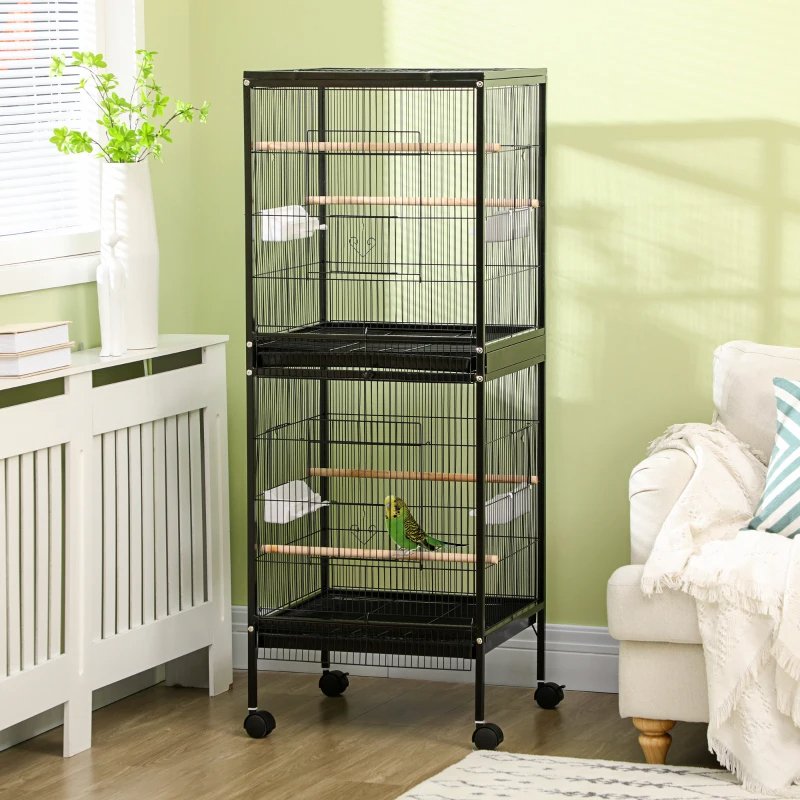 2 In 1 Bird Cage Aviary Parakeet House For Finches, Budgies With Wheels, Black - Image 5