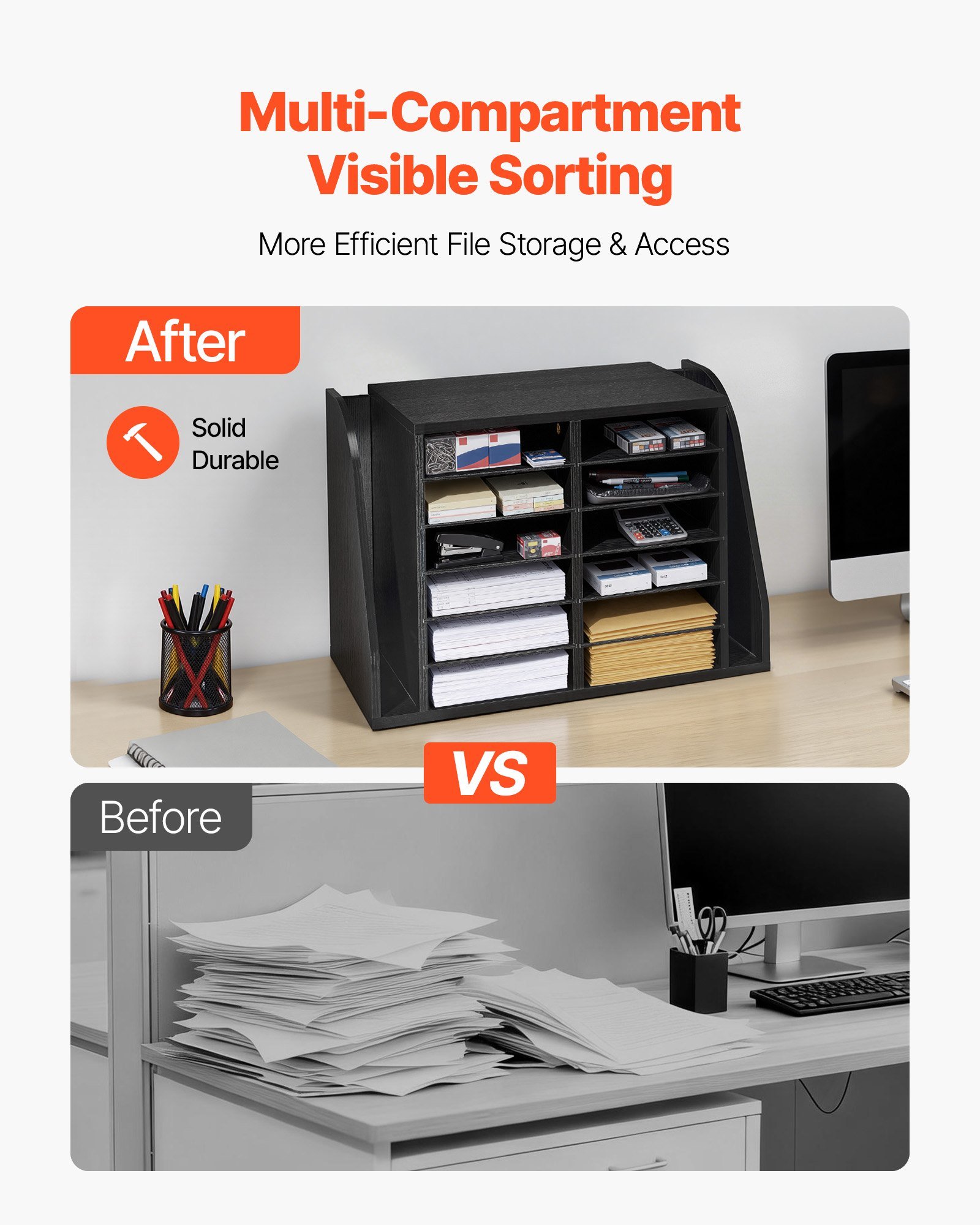 Literature Organizer, 12 Compartments Office Mailbox With Side Vertical Storage, Wooden Mailbox Sorter Made Of Particle Board, Countertop Office Home Organizer For File, Document, Paper, Black - Image 2