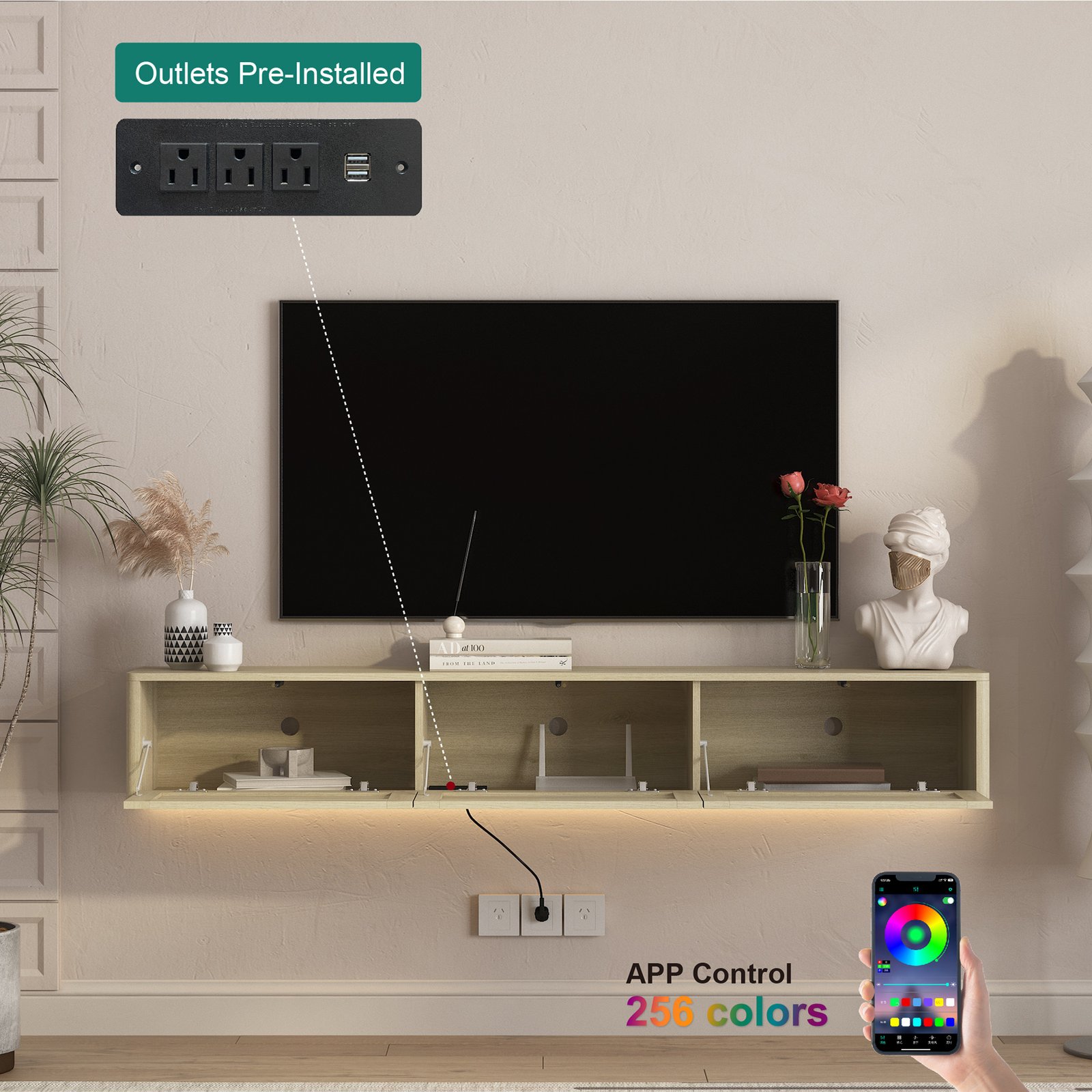 Floating TV Stand, Wall Mounted TV Shelf With Led Lights & Power Outlet,High Gloss TV Cabinet For Wood Tv Stands For Living Room - Image 3