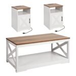 3 Pieces Farmhouse Coffee Table Sets, 40 In Industrial Coffee Table With 2 End Side Tables, Easy Assembly Coffee And End Tables Sets With Charging Station, For Office, Living Room & Apartment