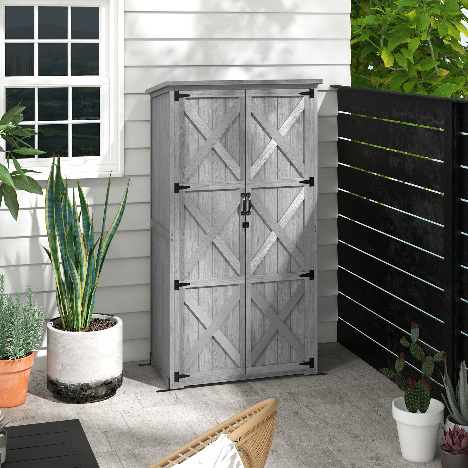 Wooden Outdoor Storage Cabinet Garden Shed With Waterproof Asphalt Roof And Lockable Doors, Gray
