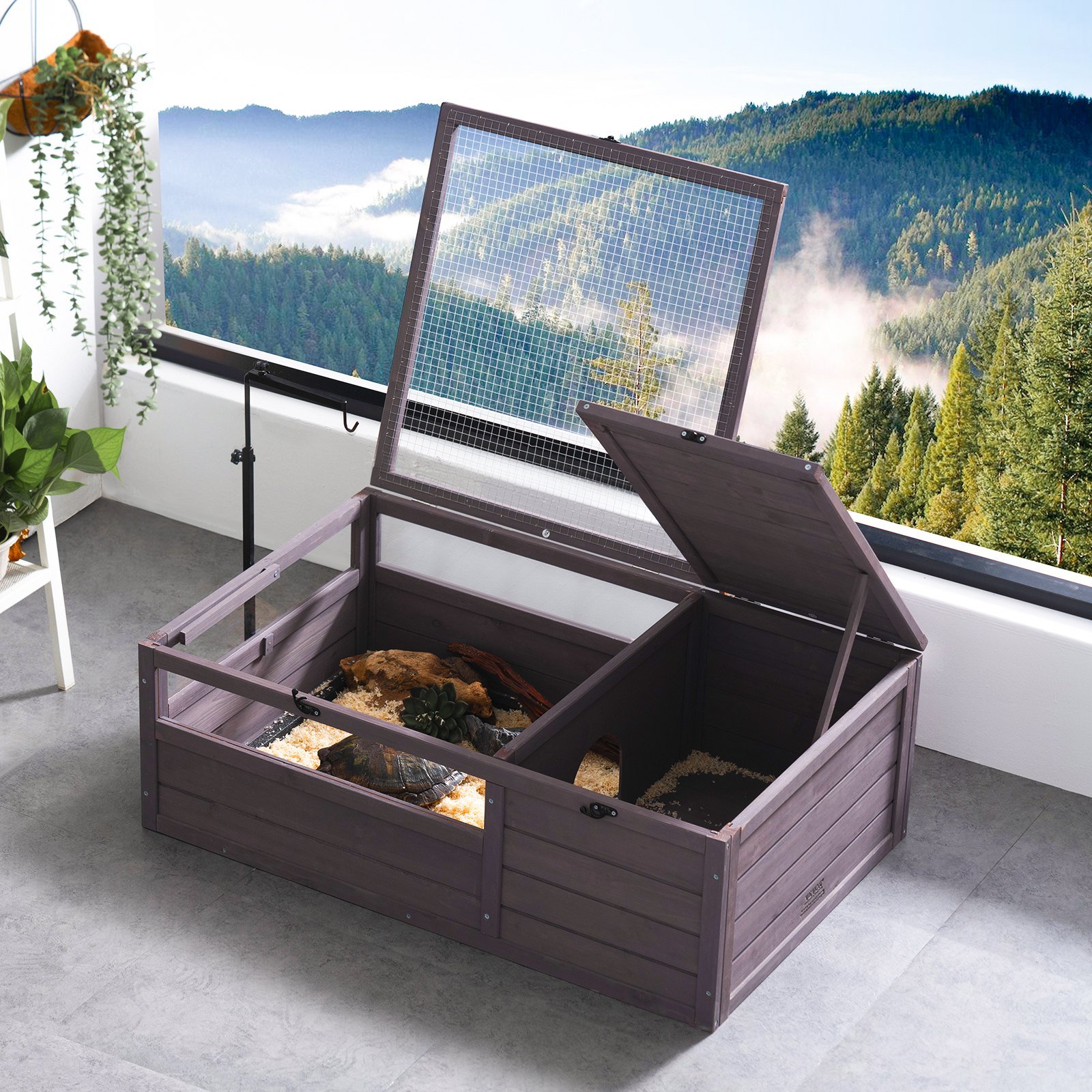 Tortoise Habitat Wooden Tortoise House Indoor & Outdoor 2-Room 38x24x13in - Image 2