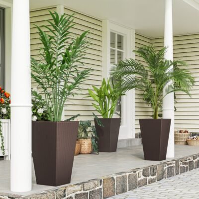Set Of 3 Tall Planters With Drainage Hole, 24" Outdoor Flower Plant Pots, Indoor Planters For Porch, Front Door, Entryway, Patio And Deck, Brown