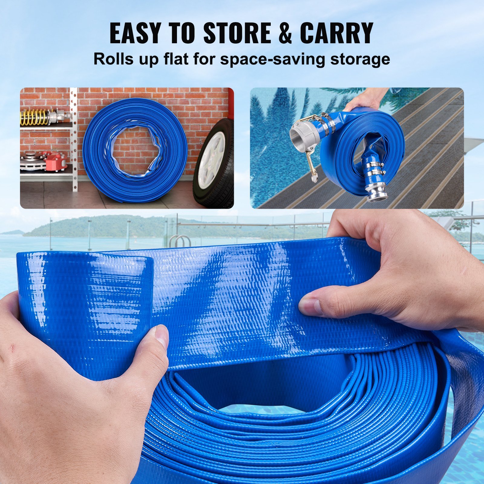 Backwash Hose, 2 In X 50 Ft, Heavy-Duty PVC Flat Pool Discharge Hose With Aluminum Camlock C & E Fittings, Clamps, Compatible With Pumps, Sand Filters, For Swimming Pools Waste Water Drain, Blue - Image 2