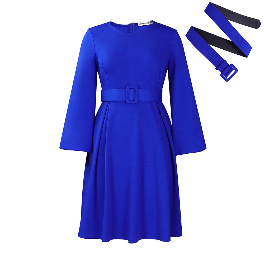 With Belt Long Sleeve Elegant Graceful Round Neck Large Swing Dress - Image 3