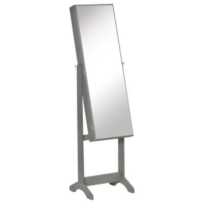 Full-Length Mirror Jewelry Storage Armoire W Lockable Door & Key, Gray