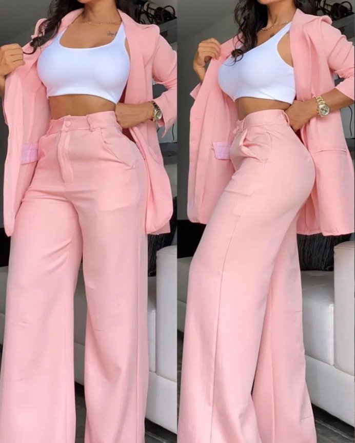 Pure Color Split Sleeve Lapel Suit Straight-leg Pants Suit Women - Image 2