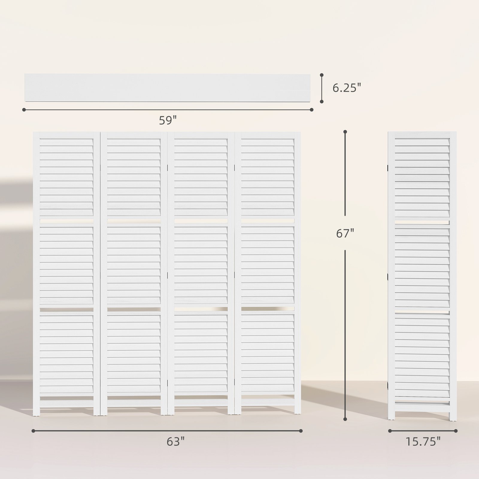 4 Panel 67" Tall Wood Privacy Screen Room Divider With 3 Shelves And Folding Storage For Bedroom, White - Image 2