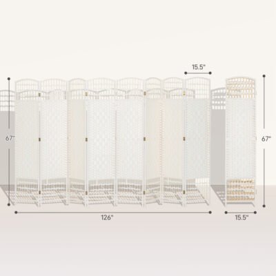 8 Panel Folding Room Divider Portable Privacy Screen Wave Fiber Room Partition For Home Office White