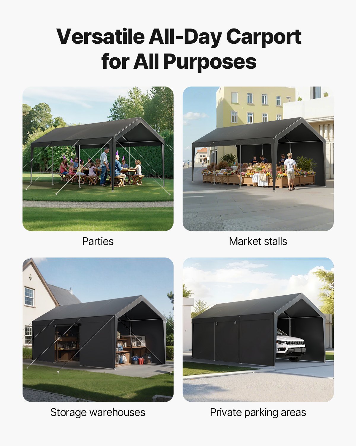 Carport, 12 X 20 FT Outdoor Car Canopy, Potable Carport With Removable Sidewalls & Door, Heavy Duty Car Shelter, UV-Resistant & Water-Resistant, All-Season Protection For Automobile Boat Grey - Image 2