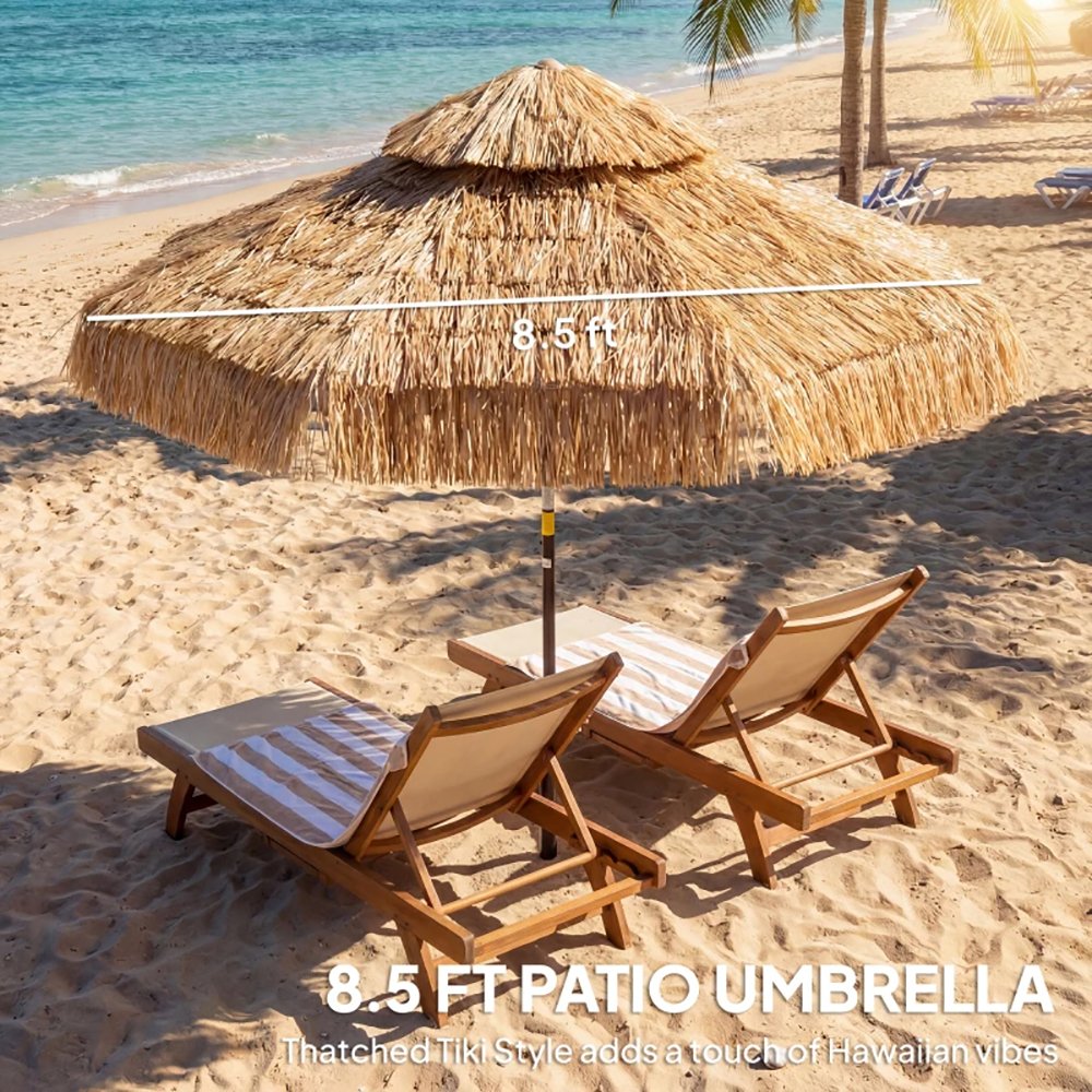 8.5 FT Hula Thatched Patio Umbrella, 2 Tier Tropical Hawaiian Style Outdoor Umbrella With 8 Ribs, Straw Tassel Design - Image 6