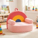 Red Kids Sofa, Soft Teddy Fleece Foam Couch With Carry Handle & Removable Machine-Washable Cover