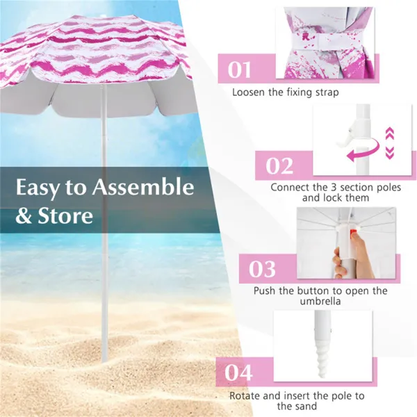 4-Piece Beach Set With 6.2ft Sun-Proof Umbrella, 2 Folding Chairs & 80 X 80 Waterproof Blanket-Pink - Image 5