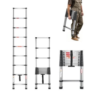 Telescoping Ladder, 8.5ft Stainless Steel Lightweight Extension Ladder, Multi-Button Retraction Collapsible Ladders, 330LBS Capacity & Non-Slip Feet, Portable 9-Step Ladders For Home, RV, Loft