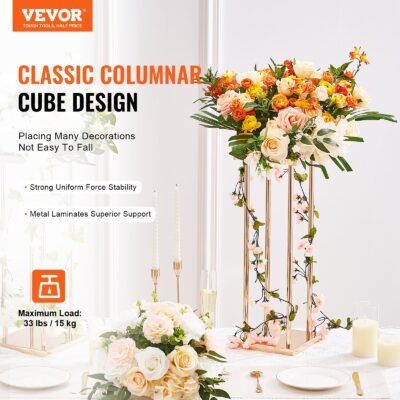 4PCS Gold Metal Column Wedding Flower Stand, 31.5inch High With Metal Laminate, Vase Geometric Centerpiece Stands, Cylindrical Floral Display Rack For Events Reception, Party Road Leads