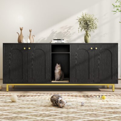 Cat Litter Box Enclosure Black Color Large Capacity Double Magnetic Door Design Litter Box Furniture Enclosure Cabin With Scratching Pad
