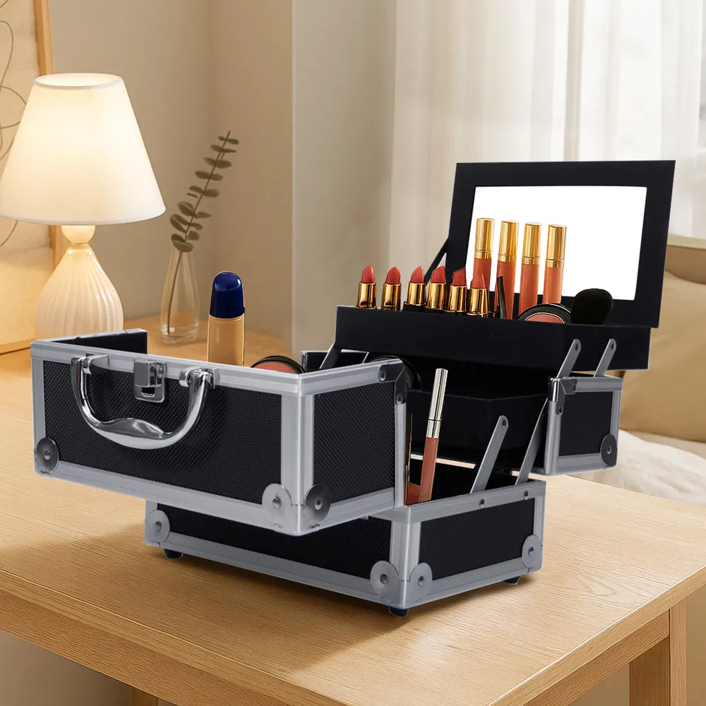 Portable Diamond Texture Aluminum Makeup Storage Bag With Mirror & Key Black - Image 6