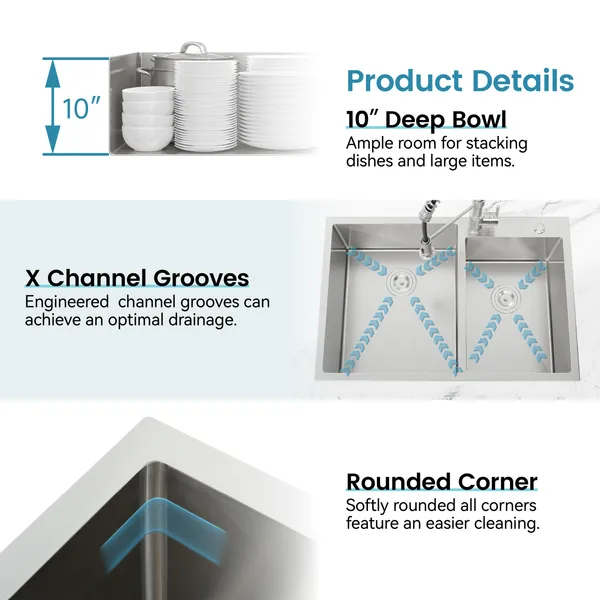 33'x19' Embedded Double Bowl Kitchen Sink, Overmount Handmade Sink In Brushed - Sink Only - Unable Ship Weekends, TK And TEMU Only For Pickup - Image 3