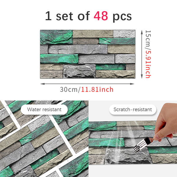 PVC Green Brick And Stone Pattern Self-adhesive Wallpaper, Removable Without Leaving Glue, Peel And Stick Wallpaper - Image 2