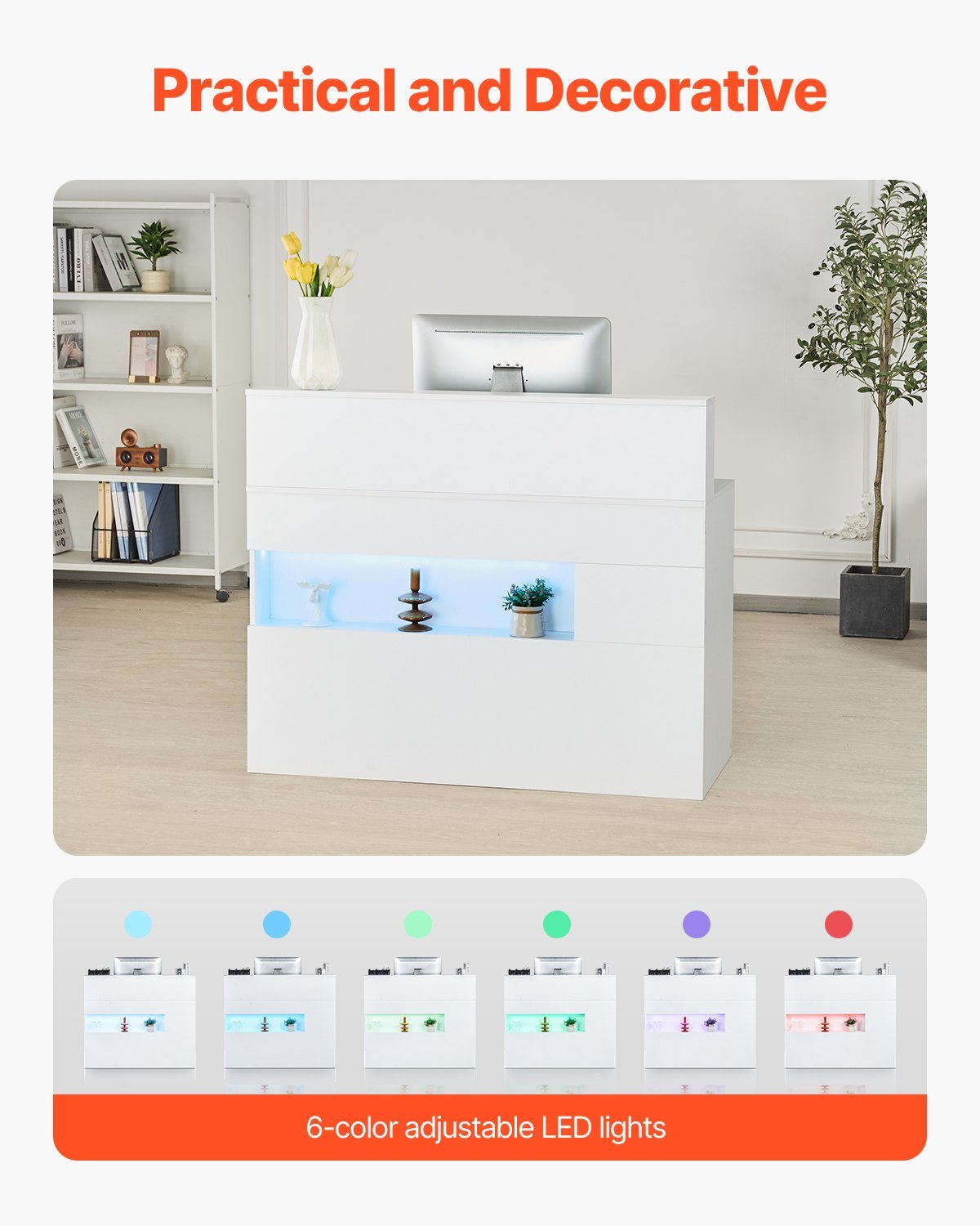 Reception Desk, 47 Inch Rectangular Front Counter Table, Office Reception Desk With LED Light, 2 Drawers And Power Outlets, For Checkout, Lobby, Beauty Salon And Office, White - Image 3