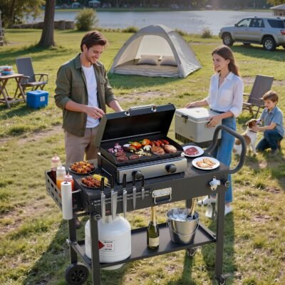 Outdoor Grill Cart, 31.0 X 17.0 Inch Tabletop Size Grilling Table, Foldable Outdoor Cooking Table With Tissue Holder, Wheels, Magnetic Tool Rack, BBQ Prep Tables For Picnic, Kitchen, Courtyard
