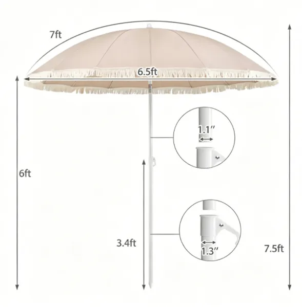 7 FT Boho Patio Umbrella With Fringe Tassel, 30' Adjustable Tilt Outdoor Sun Canopy, Portable 2-Section Metal Beach Umbrella - Image 5