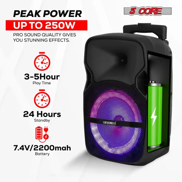 5 Core Party Speaker Bluetooth 250W Big Monster Powered Rechargeable Outdoor PA DJ System W Disco Lights 2 Wireless Karaoke Mics Portable Rolling Speakers W Handle Black - ACTIVE HOME 8 2-MIC - Image 3