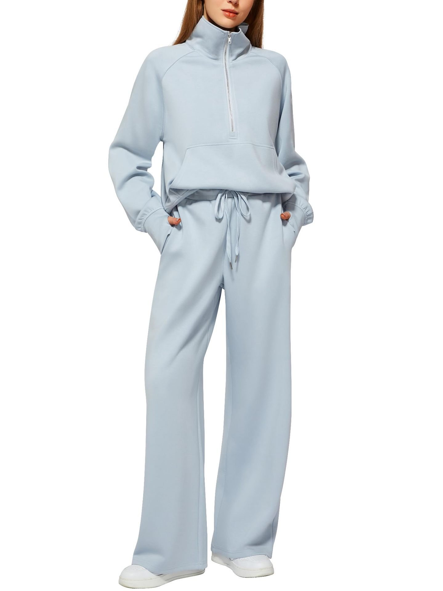 Woman Solid Color Half Zip Long Sleeve Sweatshirt And Wide Leg Pants Set Casual Sporty Two Piece Outfit Women's Suit - Image 3