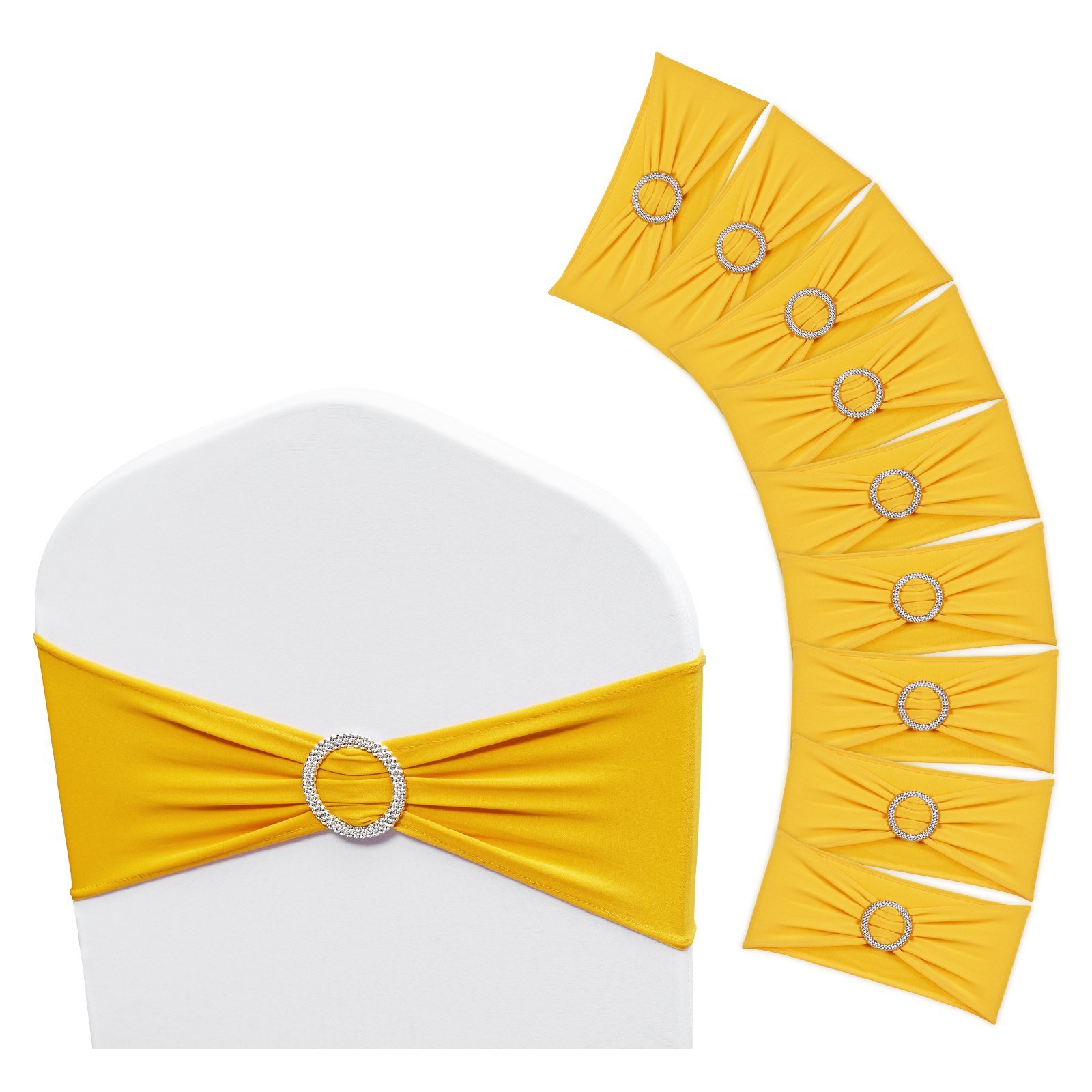 Stretch Spandex Chair Sashes, Chair Slipcover And Stretch Chair Sash With Round Buckle, Elastic Chair Bands, Fitting Wedding, Holiday, Banquet, Party Chair Decoration (100 PCS Golden Yellow)