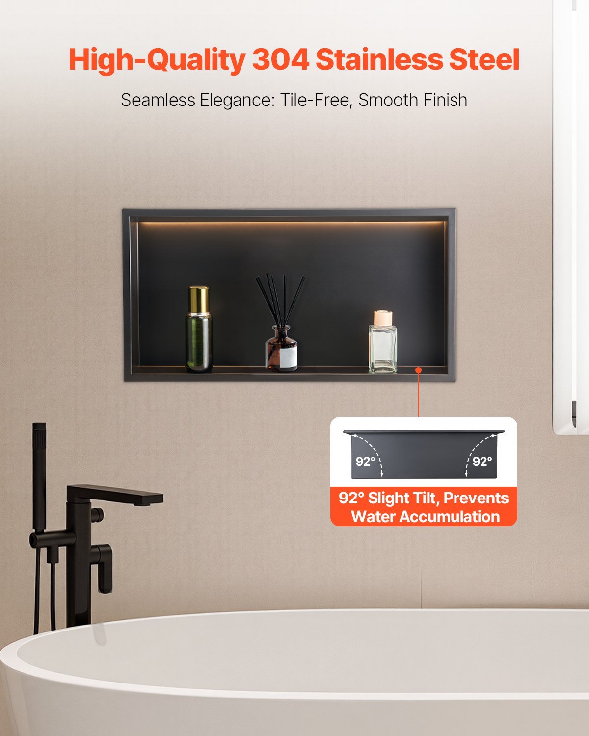 Shower Niche, 13 X 25 X 4 Inch Recessed Wall Niche With LED Strip,Heavy-duty Stainless Steel Modern Shampoo Storage Organizer,Sealed Waterproof, Durable & Easy To Install,Black For Bathroom - Image 3