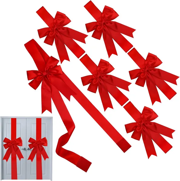 6 Pieces Christmas Door Cabinet Bows Large Christmas Red Ribbons Cabinet Door Bows For Christmas Festive Party Supplies, 10 X 87 Inches - Image 4