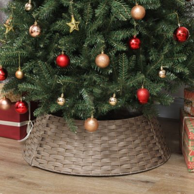 27 Inch Rustic Christmas Tree Skirt, Plastic Woven Christmas Tree Collar For Party, Holiday, Home Decoration, Coffee