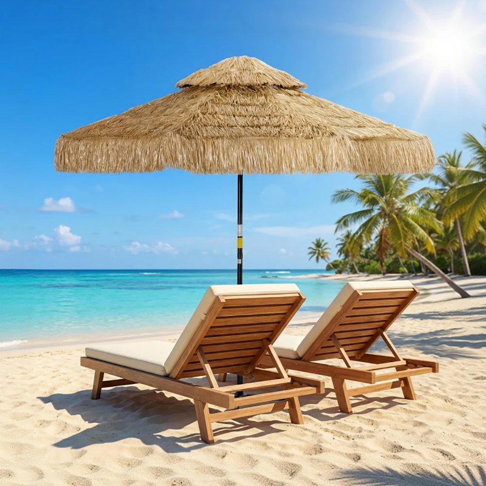 8.5 FT Hula Thatched Patio Umbrella, 2 Tier Tropical Hawaiian Style Outdoor Umbrella With 8 Ribs, Straw Tassel Design - Image 4