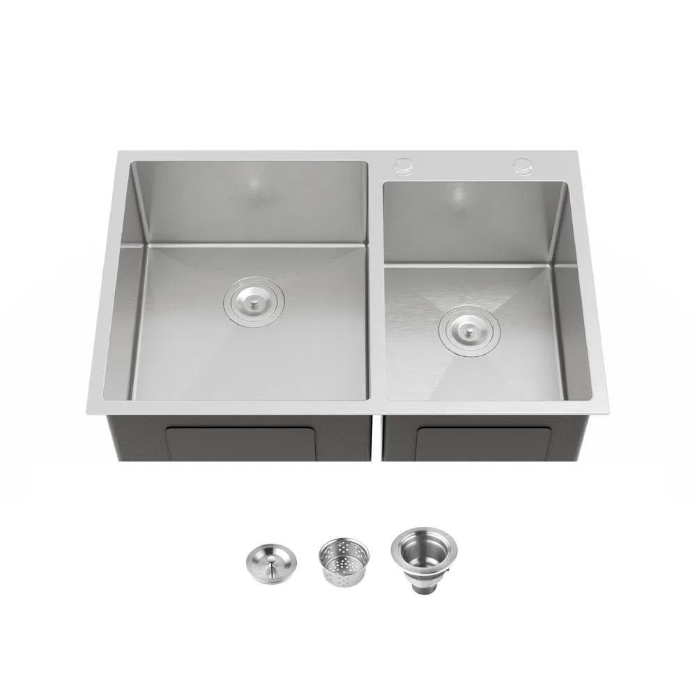 33'x19' Embedded Double Bowl Kitchen Sink, Overmount Handmade Sink In Brushed - Sink Only - Unable Ship Weekends, TK And TEMU Only For Pickup - Image 6