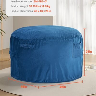 Bean Bag Chair, Round BeanBag Chair With Removable & Washable Cover For Adult, Dutch Velvet & High-Density Foam Filling Adult Bean Bag With Handle And Side Pocket For Living Room, Bedroom, Blue
