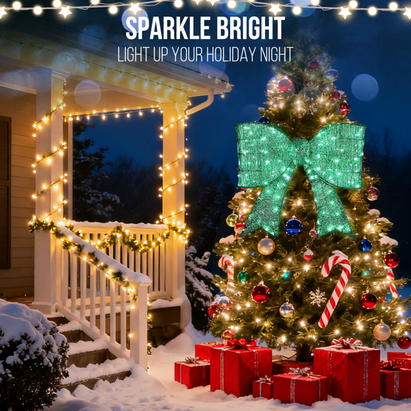 Pre-lit Outdoor Giant Bowknot Christmas Decoration, Lighted Metal Frame With 124 Green LED Lights, For Front Door Gate Wall Indoor Outdoor Holiday Party, Green - Image 9