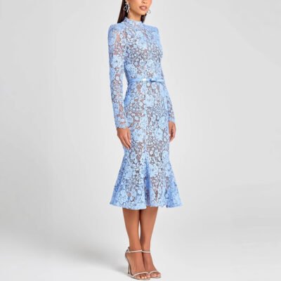 Slim Fit Slimming See-through Lace Hollow Belt Long Sleeve Fishtail Dress
