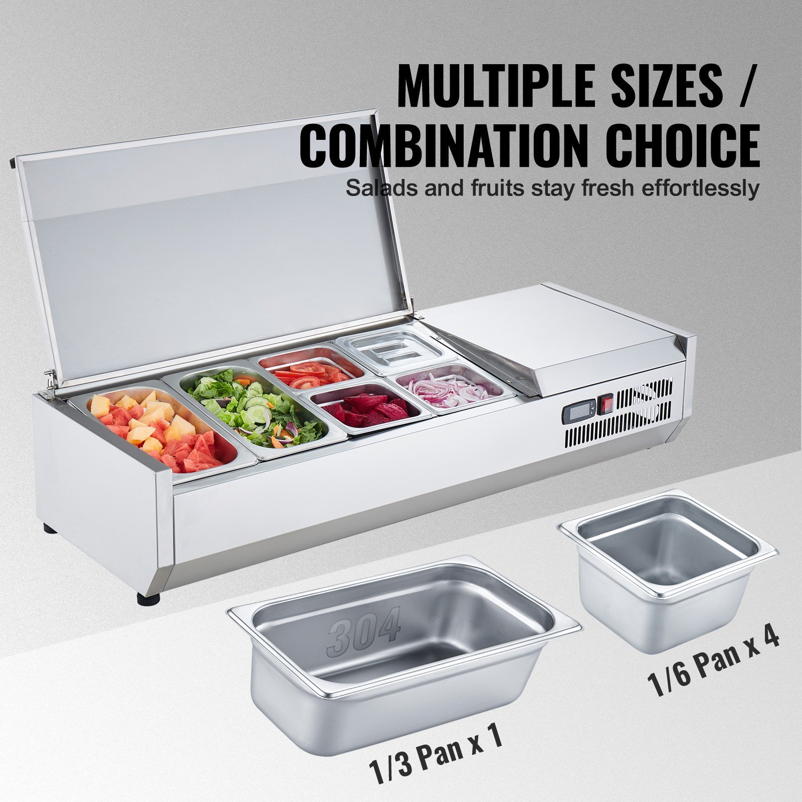 Refrigerated Condiment Prep Station, 135 W Countertop Refrigerated Condiment Station, With 2 1/3 Pans & 4 1/6 Pans, 304 Stainless Body And PC Lid, Sandwich Prep Table With Stainless Guard, ETL - Image 2