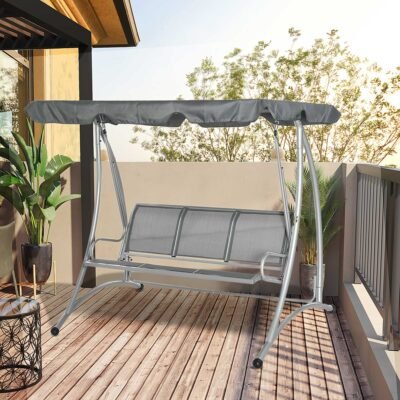 3-Seat Outdoor Porch Swing Chair, Patio Swing Glider With Adjustable Canopy, Breathable Seat, And Steel Frame For Garden, Poolside, Backyard, Gray