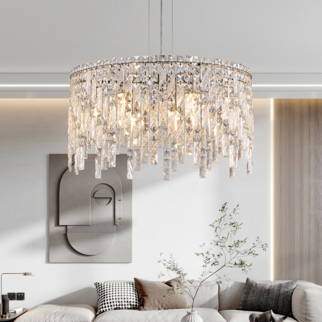 24 Luxurious Round Silver Crystal Chandelier, Contemporary Rectangular Pendant Light For Dining Room, Living Room, And Grand Foyers Bulbs Not Included - Image 2