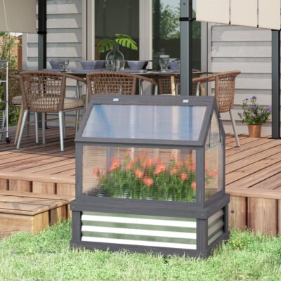 Raised Garden Flower Bed Kit With Greenhouse, Wooden Cold Frame Planter, 35.5" X 22.5" X 38.25", Gray