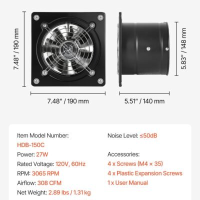 6 Inch Exhaust Fan, 308 CFM High Velocity Wall Mount Vent Fan With On/Off Control, Low Consumption, Portable Ventilation Extractor For Attic,Garage,Basement,Workshop,Kitchen, Chicken Coop,Black