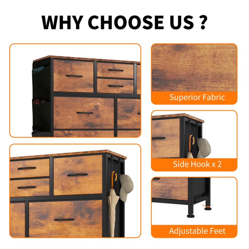 10-Drawer Dresser With Side Pocket & Hooks, Storage Cabinet With Wood Top For Bedroom Closet Organization —
