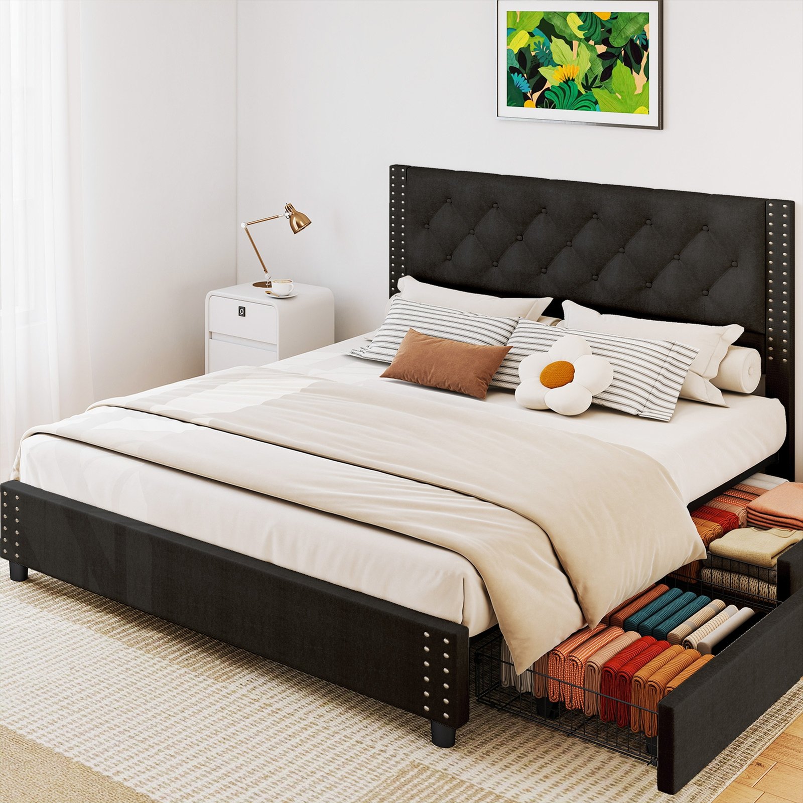 Queen Size Bed Frame With Upholstered Button Tufted Headboard Wood Slat Support Metal Platform Bed Frame With 4 Drawers No Box Spring Needed Easy Assembly For Home - Image 2